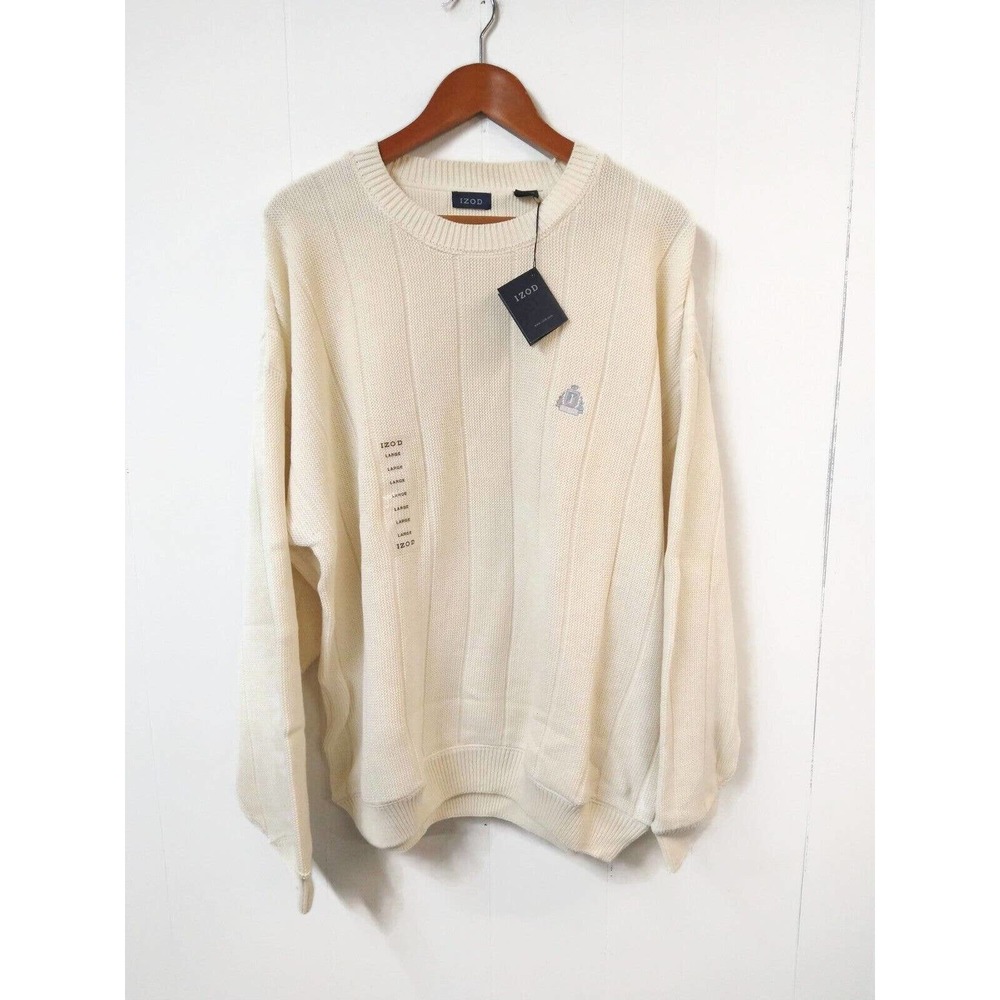 Izod Men LG Sweater NWT Ivory Long Sleeves Crew Neck Banded Waist & Sleeves Logo